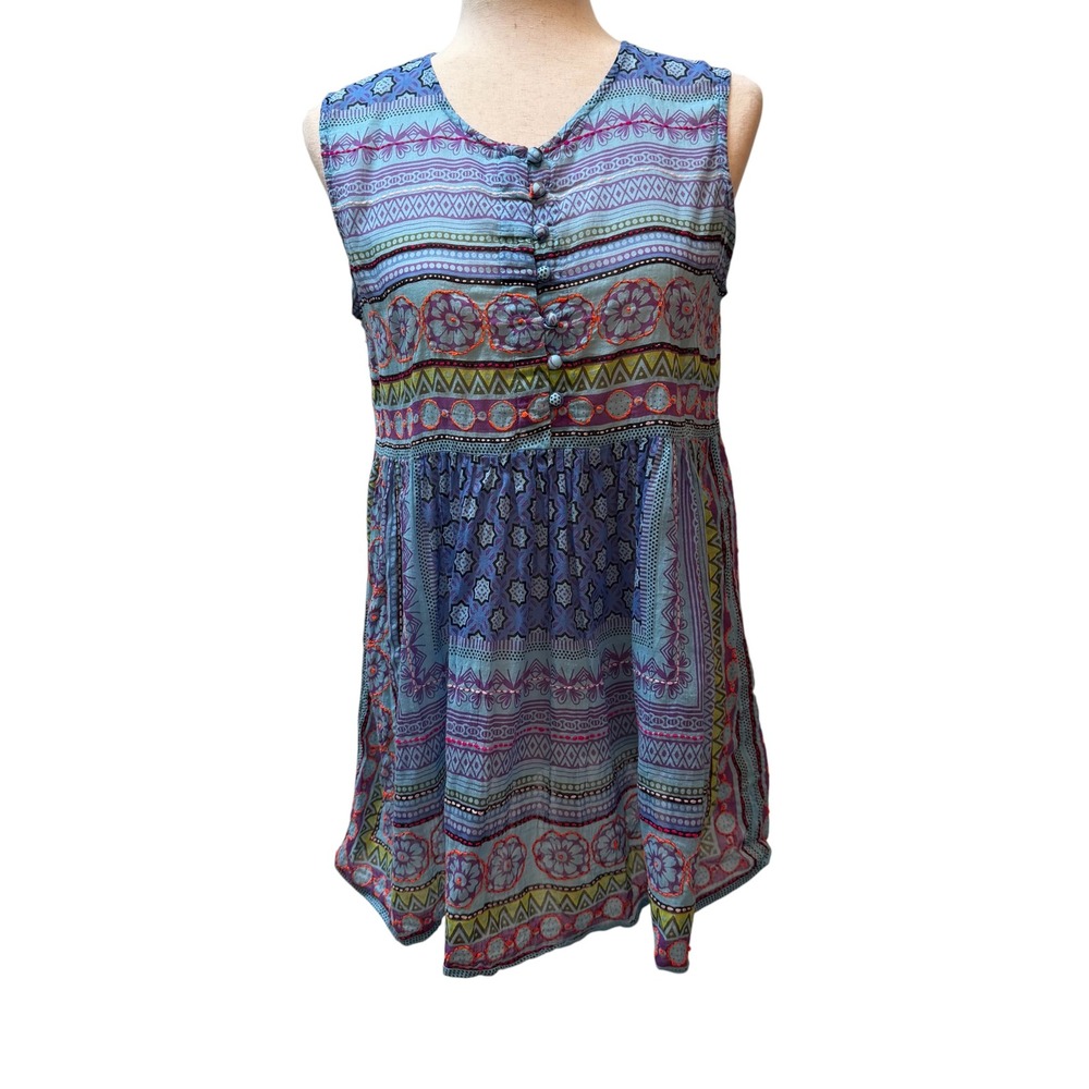 Charlie Paige Women S/M Blue Boho Embroidered Sequin Cotton Babydoll Tank Top